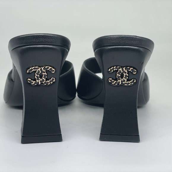 CHANEL 21B Leather Open Toe CC Curved Heels Mules Sandals Slides Shoes - Picture 7 of 16